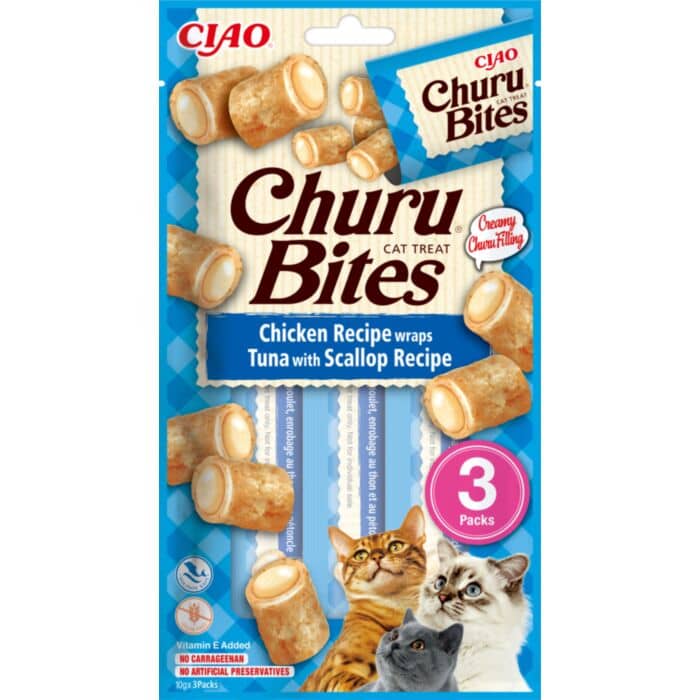 Churu Cat Bites kaķu gardums kaķiem ar vistu, tunci un ķemmīšgliemenēm 10 g N3